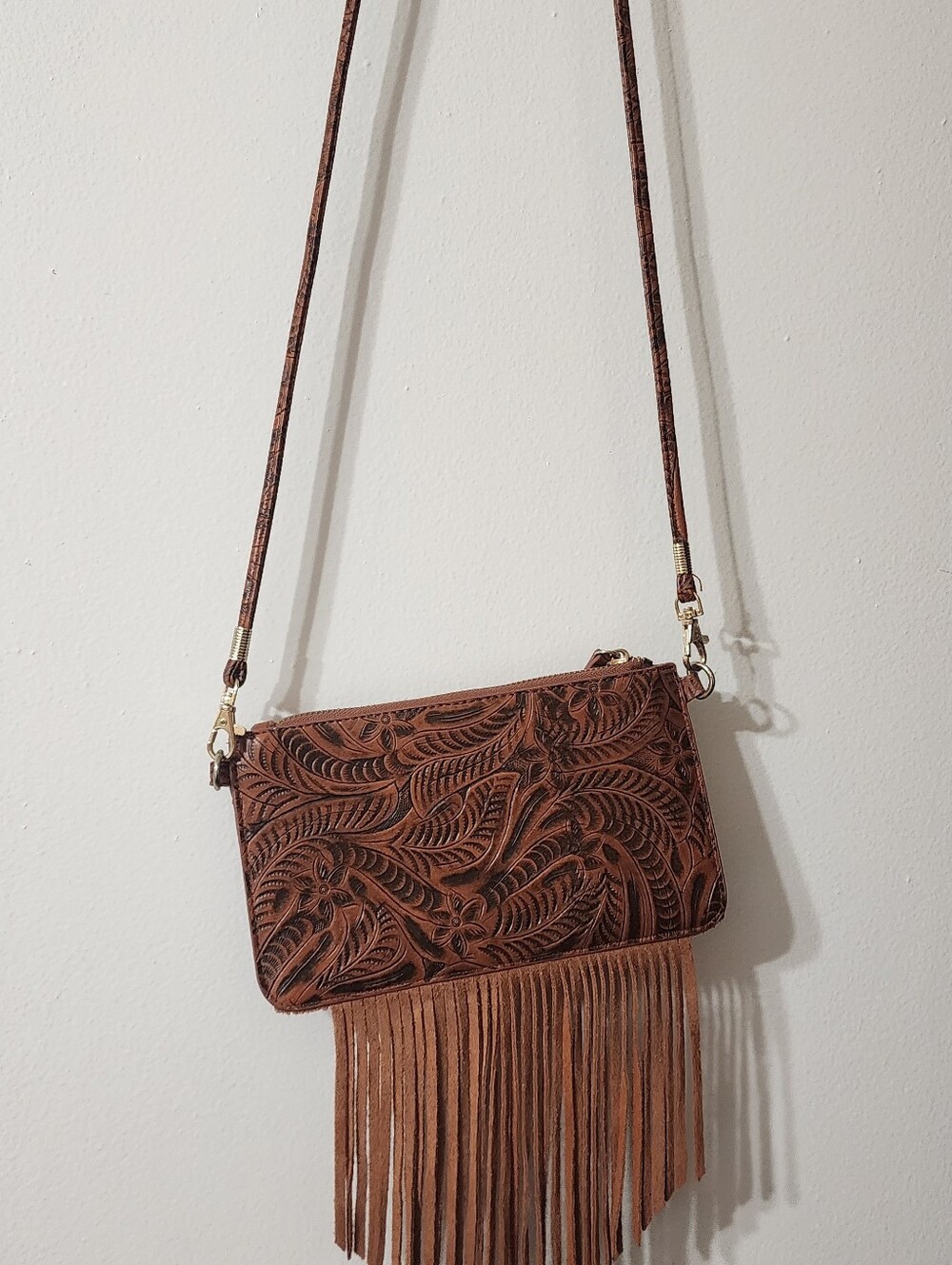 Brown Tooled Fringe Crossbody Bag